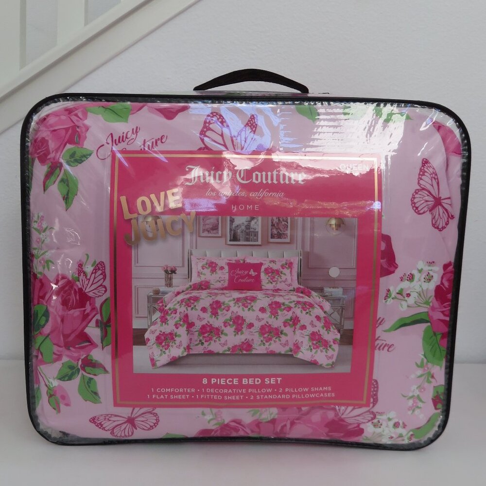Juicy couture Pink n green Floral queen 8-piece comforter Bedding sets